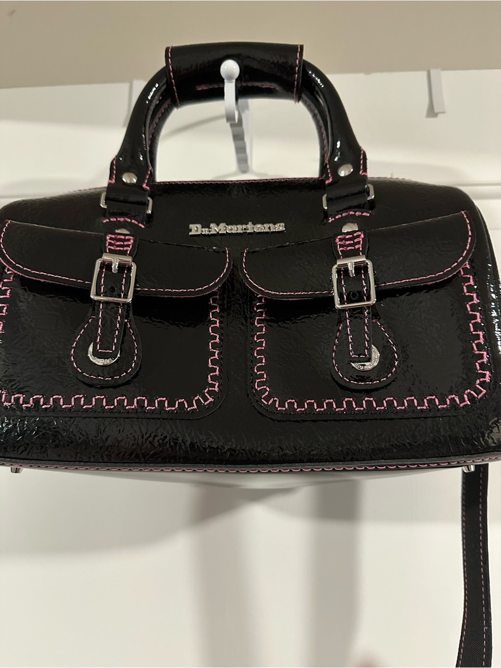 Dr. Martens Black Patent Satchel with Pink Stitching
